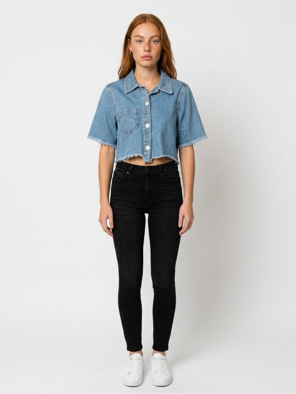 Free People Light Blue Cropped Denim Button-Down